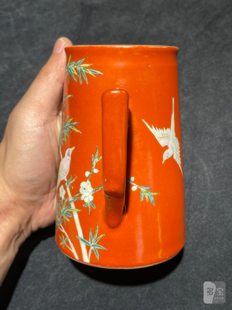 清咸丰 珊瑚红地粉彩花鸟纹执壶 - 图5